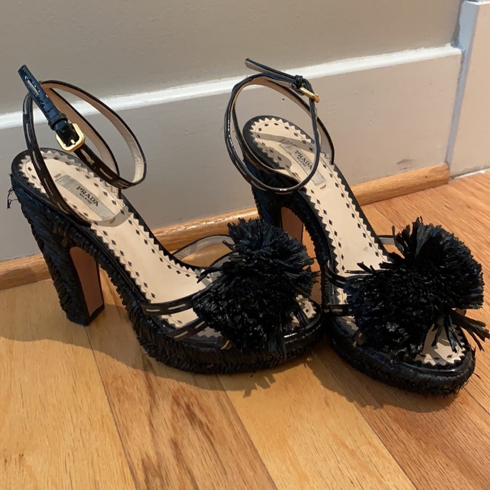 PRADA Raffia Woven Platform Heels - 39